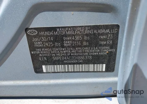2014 Hyundai Sonata Gls из США, поврежденный, VIN 5NPEB4AC2EH886378
